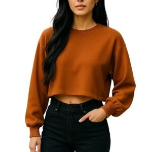 SHEIN Cropped Ribbed Lantern Sleeve Top Rust Brown Crewneck Balloon Size M